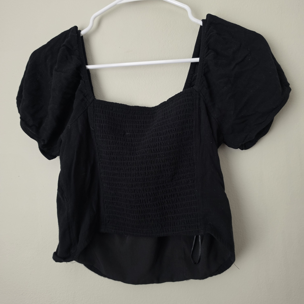 Black Puff-Sleeve Smocked Square-Neck Top - Women